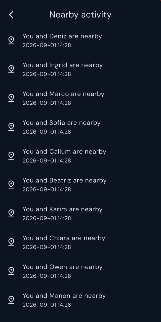 A Nearby activity list showing entries such as 
