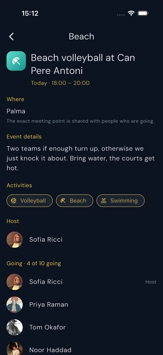 An event: Beach volleyball at Can Pere Antoni, today 18:00 to 20:00 in Palma, with a note that the exact meeting point is shared with people who are going, the activities Volleyball, Beach and Swimming, the host, and four of ten going.