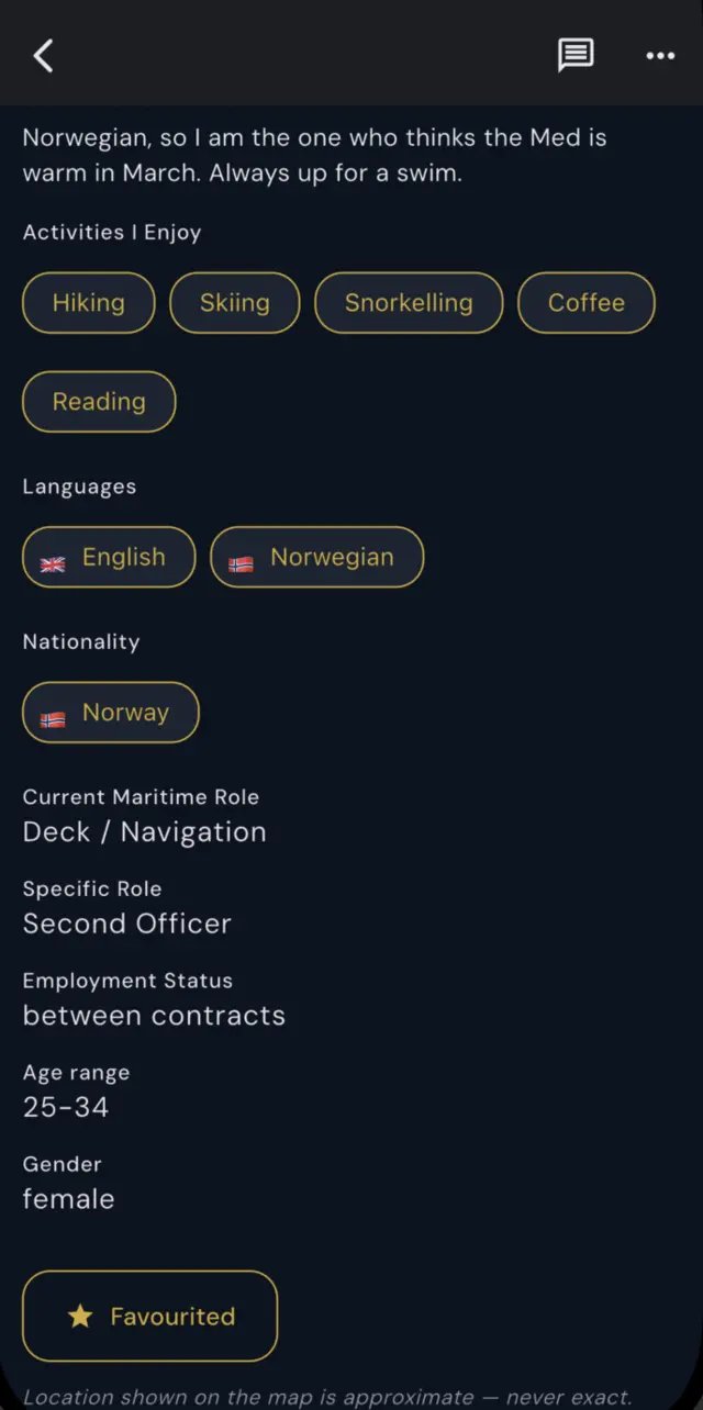 A member profile scrolled to the bottom, showing maritime role, employment status, age range and gender, with a Favourited button beneath and a note that the map location is approximate.