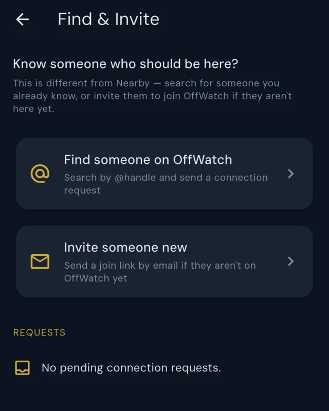 The Find & Invite screen: Find someone on OffWatch, which searches by @handle and sends a connection request, and Invite someone new, which sends a join link by email to someone not on OffWatch yet.