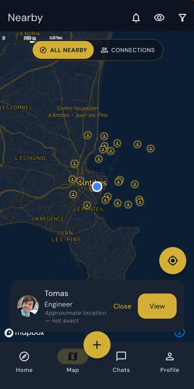 The Nearby map: an All Nearby / Connections toggle above a map of Antibes, the viewer&rsquo;s own position as a blue dot, and several crew pins nearby.