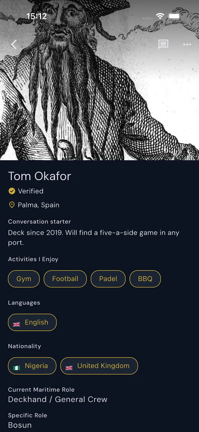 Another member&rsquo;s profile: a verified badge, their port, a conversation starter, the activities they enjoy, languages, nationalities, and their maritime role.