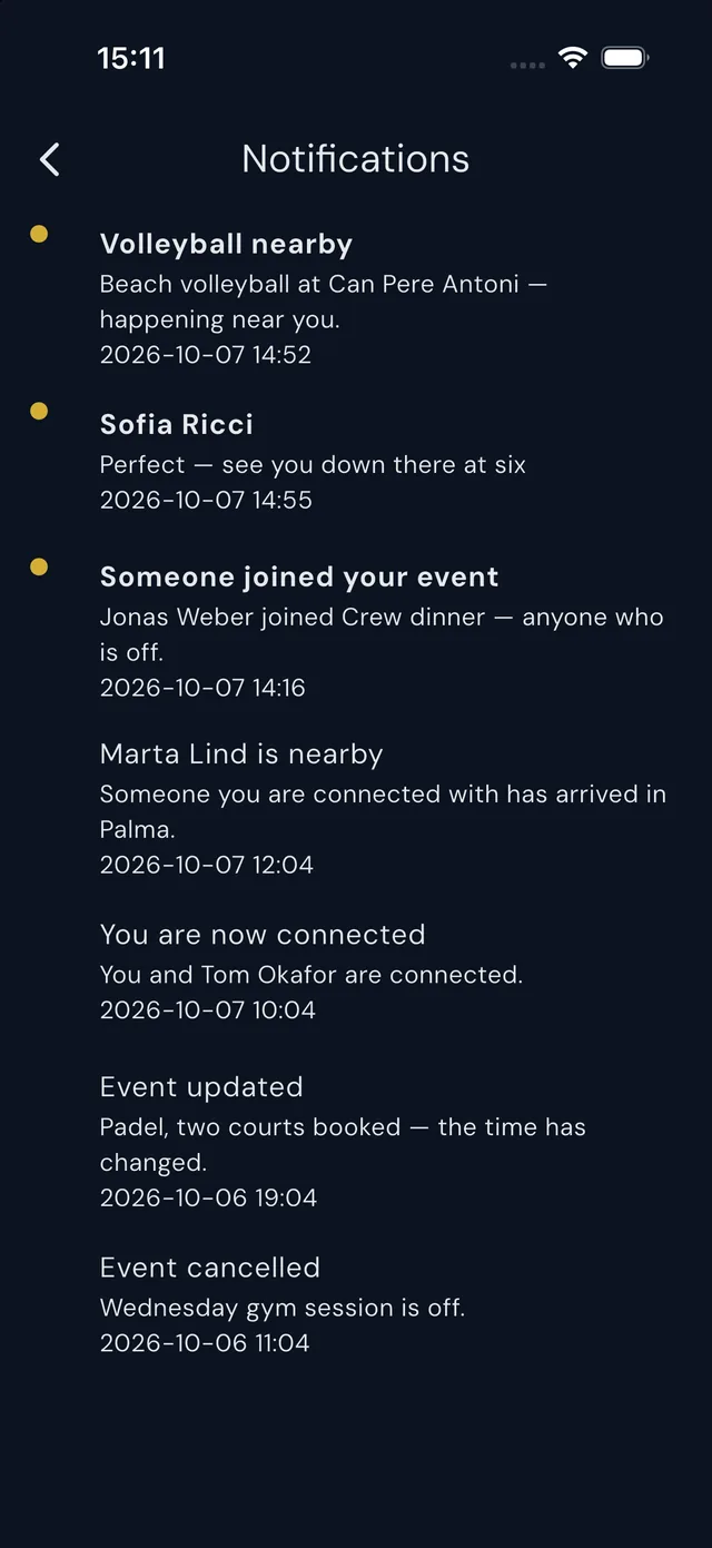 The Notifications screen: an event happening nearby, a new message, someone joining an event, a connection arriving nearby, a new connection, and an event updated and cancelled &mdash; each with a date.