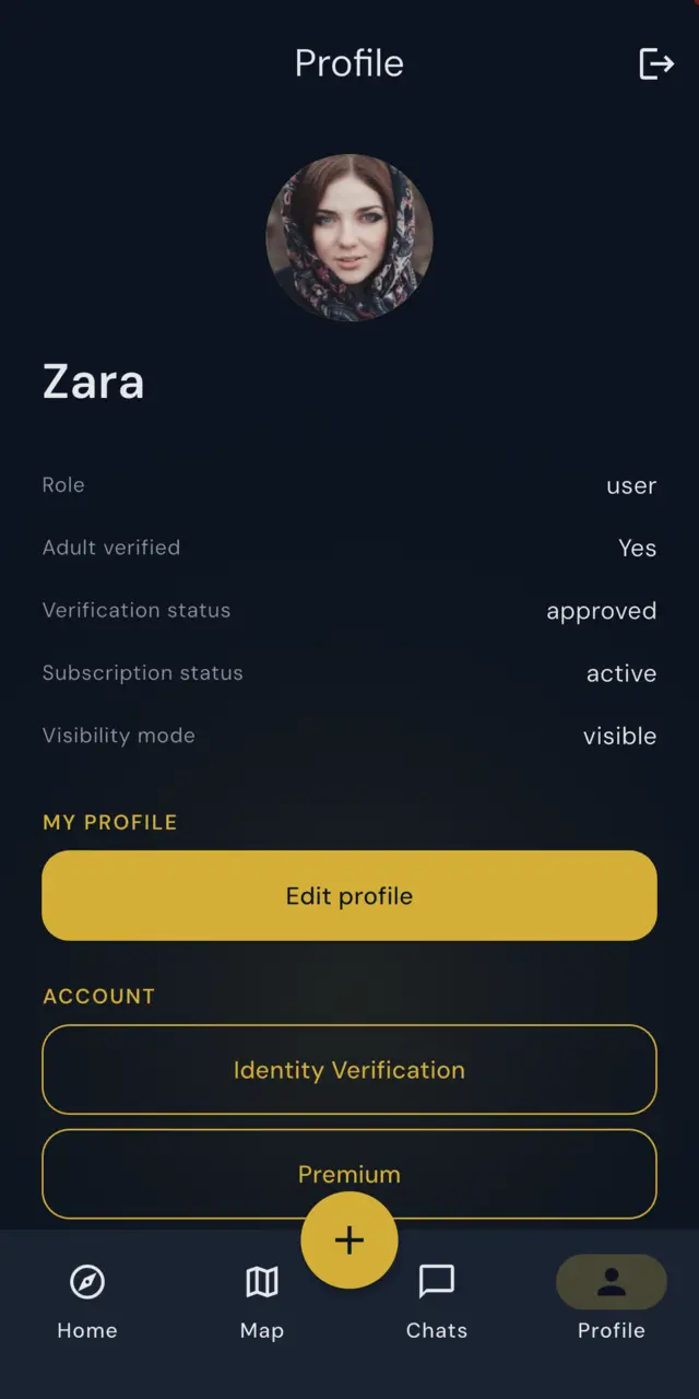 A profile screen showing adult verified: Yes and verification status: approved, alongside subscription and visibility settings.