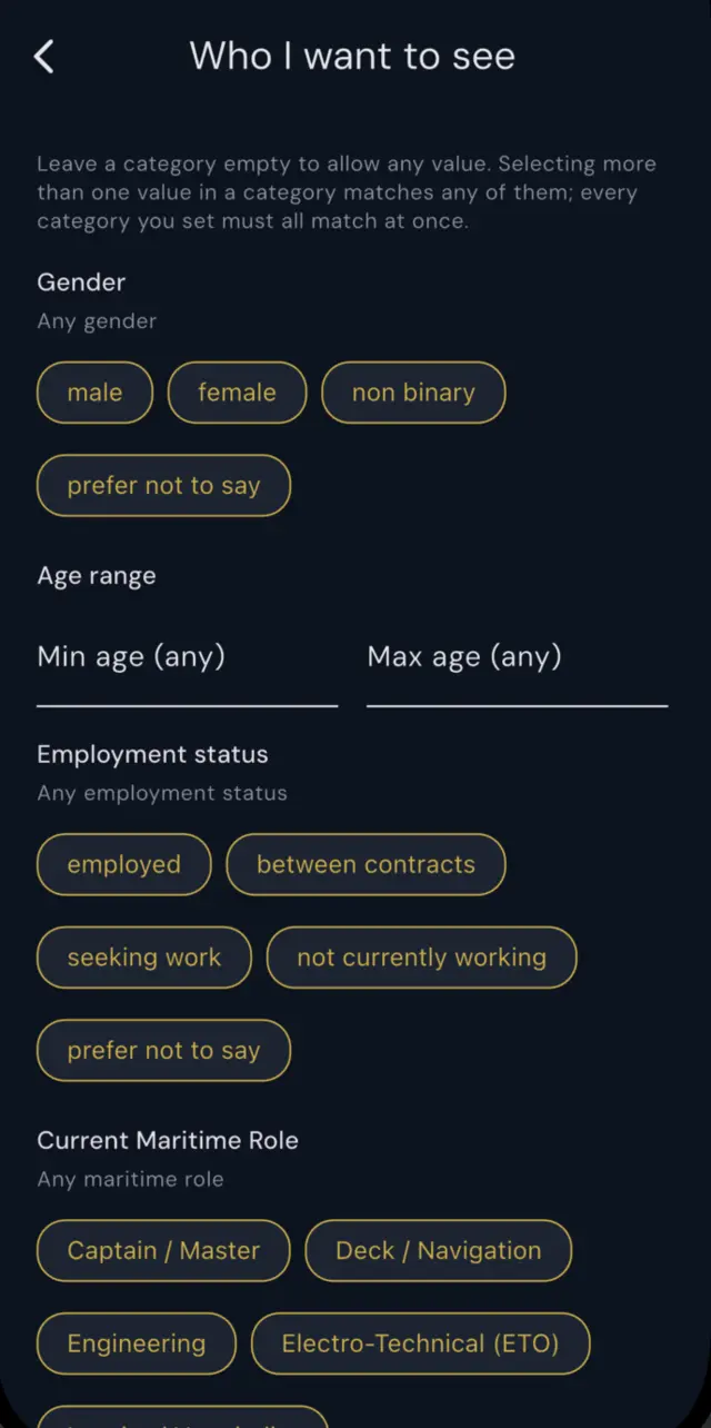 The Who I want to see screen: the same four categories, applied instead to what you get shown.