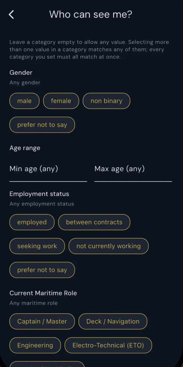 The Who can see me? screen: gender, age range, employment status and maritime role, each defaulting to any value.